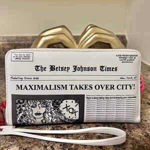NWT Betsey Johnson Black and White Newspaper Clutch